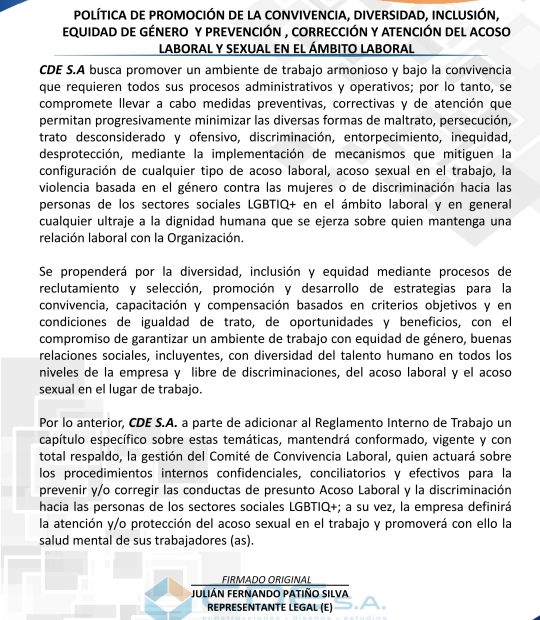 Política de acoso laboral y acoso sexual