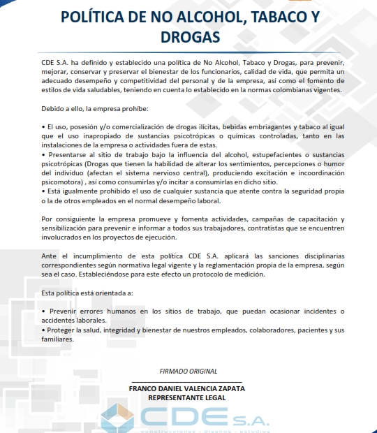 Política de no alcohol, tabaco y drogas