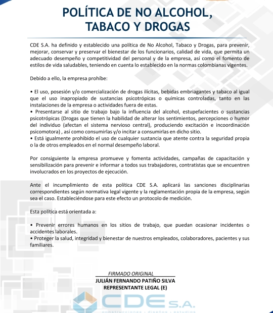 Política de no alcohol, tabaco y drogas